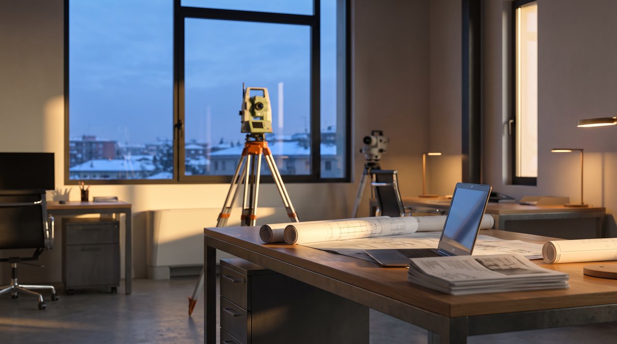 Studio tecnico a fine anno: strumento topografico e documenti sulla scrivania