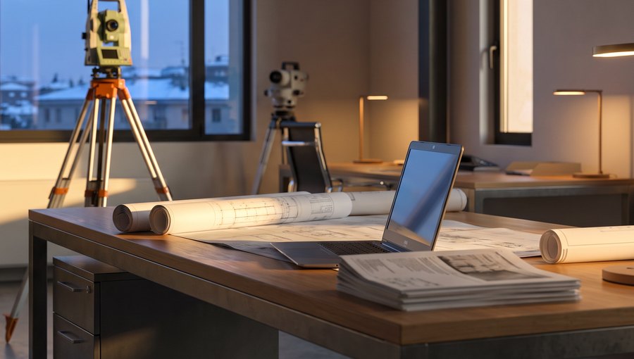 Scrivania di uno studio tecnico con documenti e strumento topografico