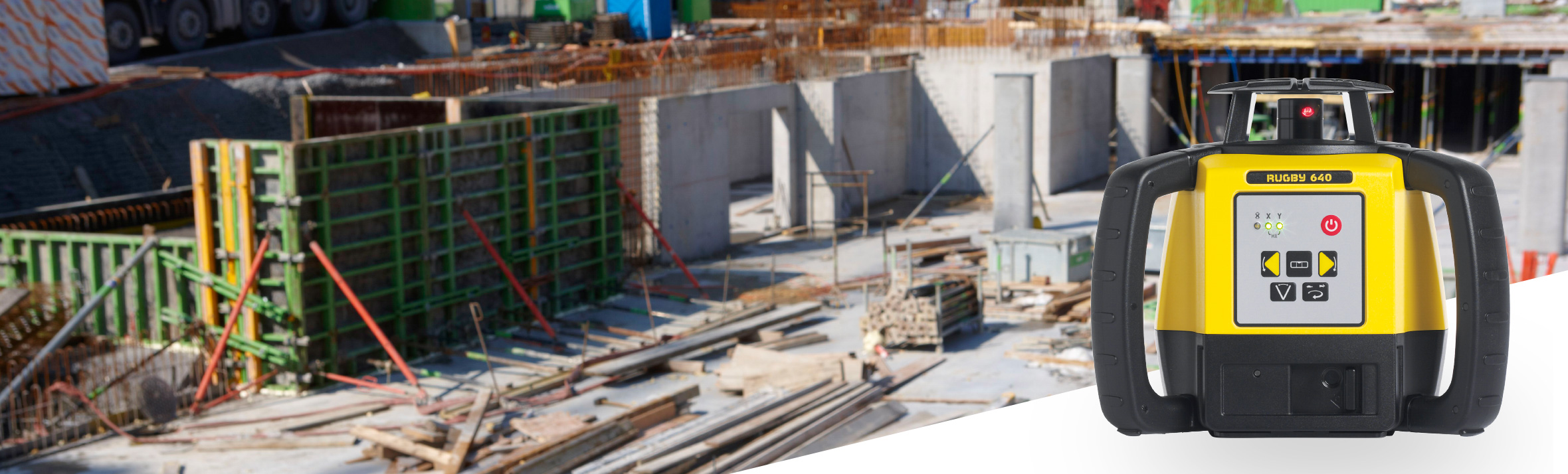 Leica Rugby 640 in un cantiere con casseforme per getto di calcestruzzo
